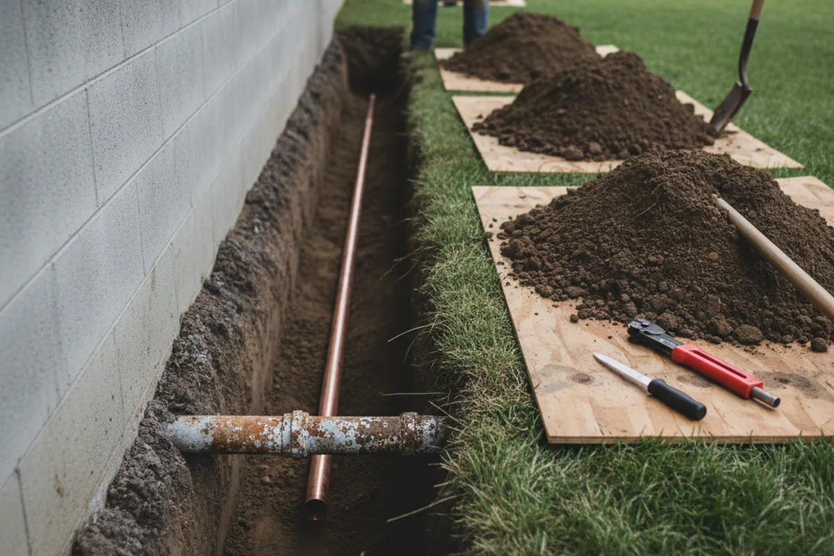 Excavated water line trench during Water Softener Installation in Mc Carr
